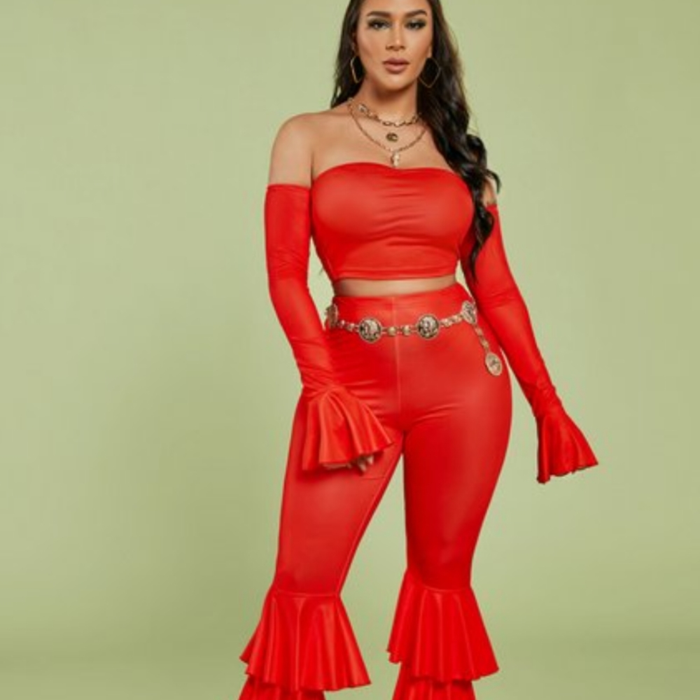 ❤New! Holiday Red Two-Piece Off Shoulder Pants Set